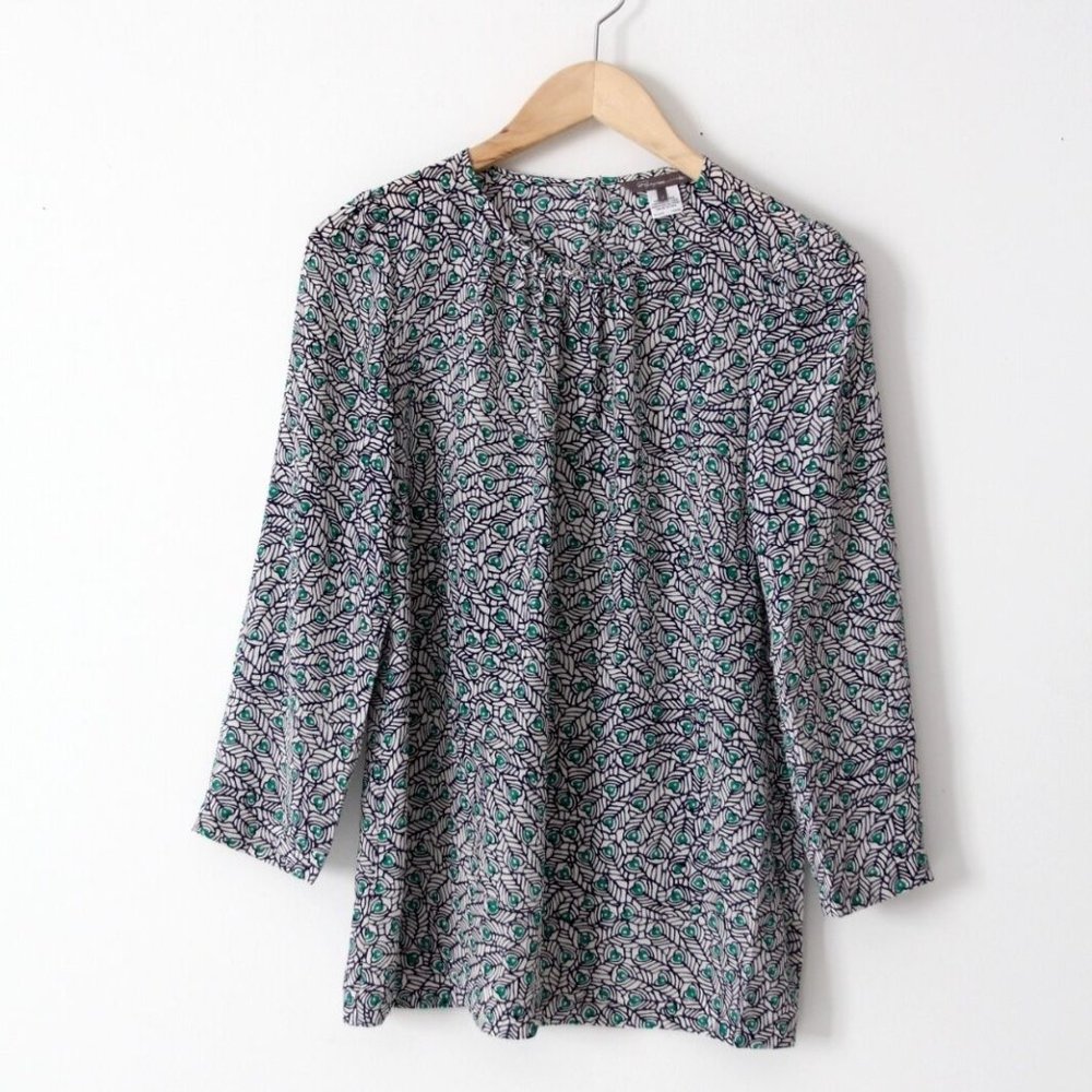 Pippa silk blouse navy green print peasant top 3/4 sleeves